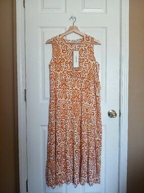 Anette Tank Midi Casual  Dress 100% Vicose Women Orange and White Size 8